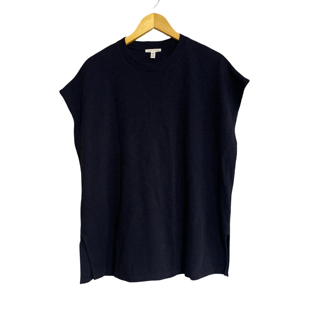 Eileen Fisher Womens Black Slub Knit Sleeveless‎ Boxy Crew Neck Top Medium